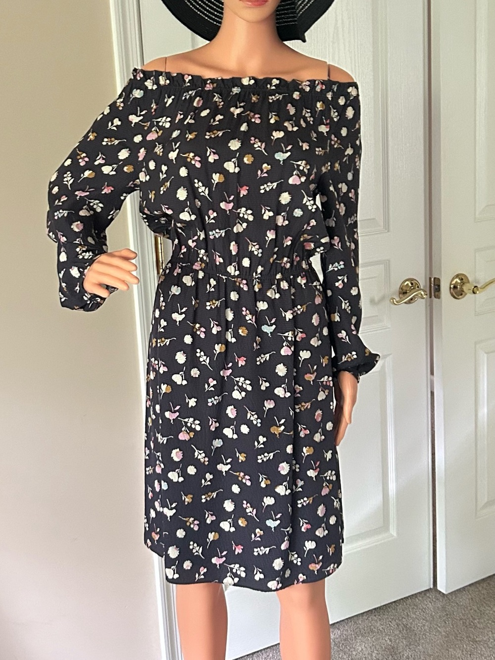 Rebecca Taylor Black Floral Off-Shoulder Long Sleeve Dress